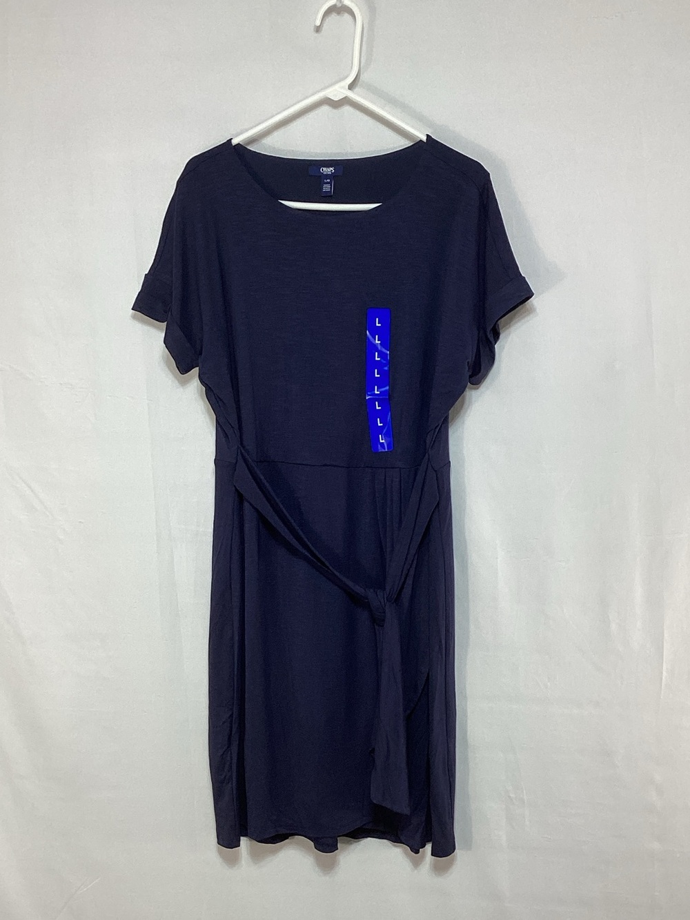 Chaps Large  Navy Short-Sleeve Tie-Waist Midi Dress